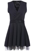 Romwe V Neck Sleeveless Lace Pleated Black Dress