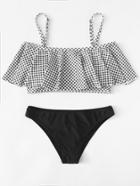 Romwe Flounce Embellished Gingham Bikini Set