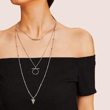 Romwe Bar & Circle Pendant Layered Chain Necklace 1pc