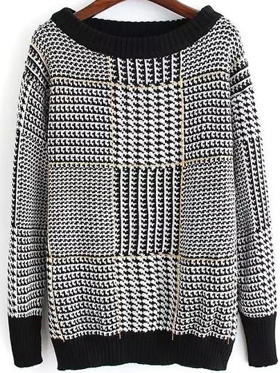 Romwe Long Sleeve Plaid Black Sweater