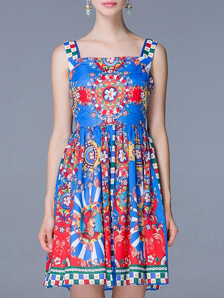 Romwe Blue Spaghetti Strap Sleeveless Print Pockets Dress