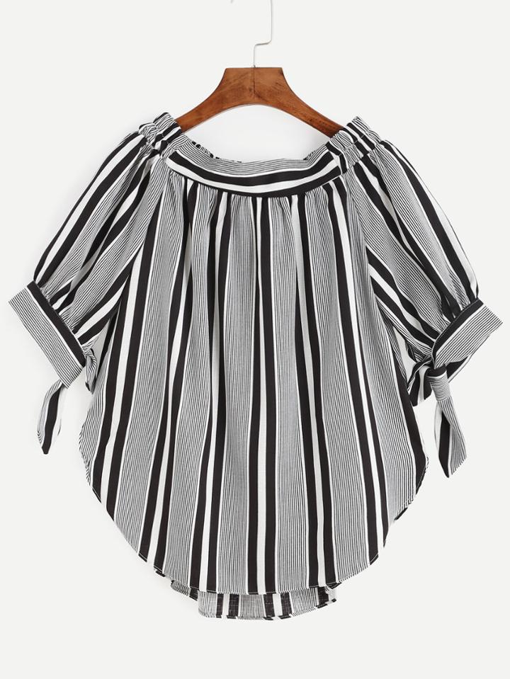 Romwe Black Vertical Striped Tie Sleeve Curved Hem Blouse