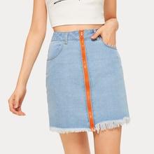 Romwe Zip-up Raw Hem Denim Skirt