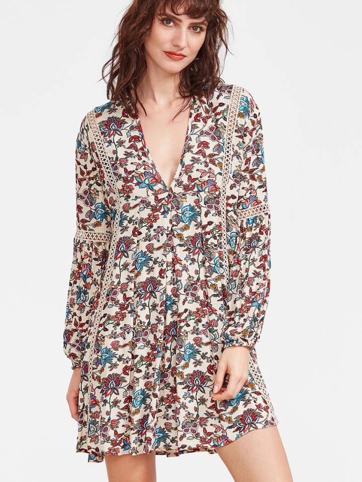 Romwe Multicolor Floral Print V Neck Crochet Insert Dress