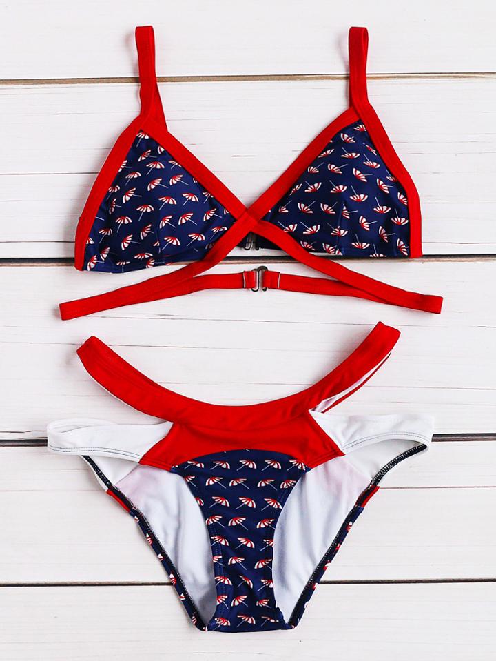 Romwe Printed Contrast Trim Cutout Detail Bikini Set
