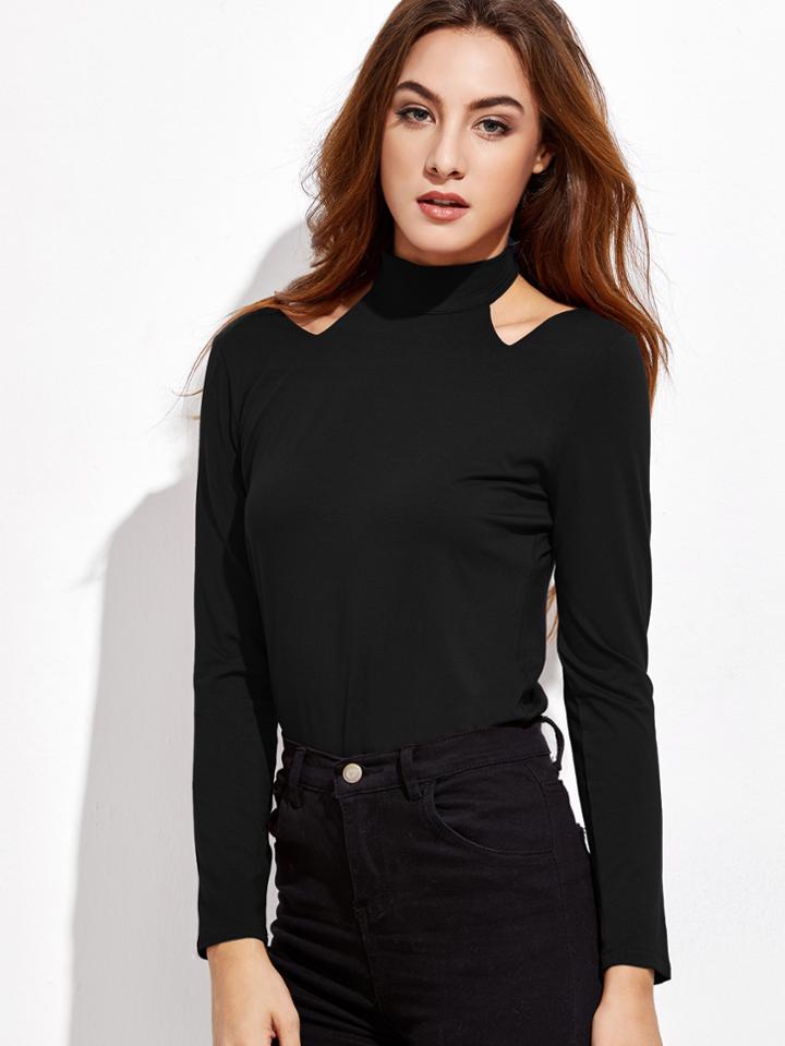 Romwe Black Cut Out Mock Neck T-shirt