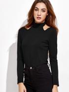Romwe Black Cut Out Mock Neck T-shirt