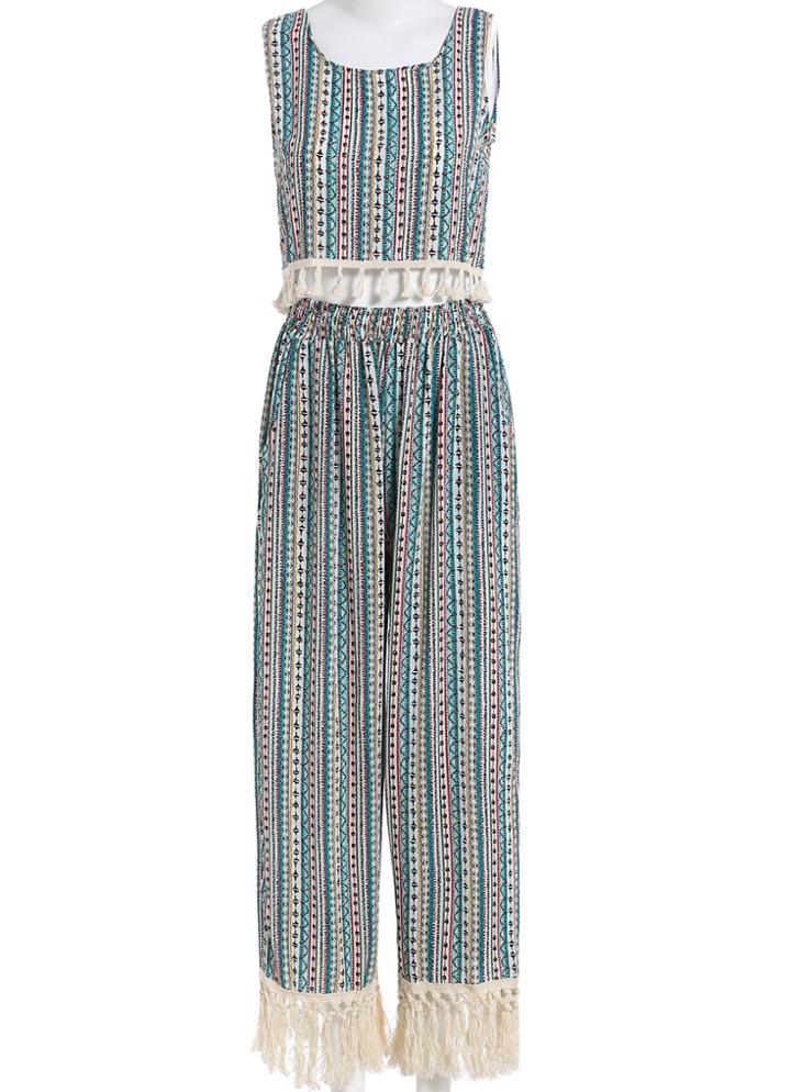 Romwe Geometric Print Tank Top With Tassel Pant