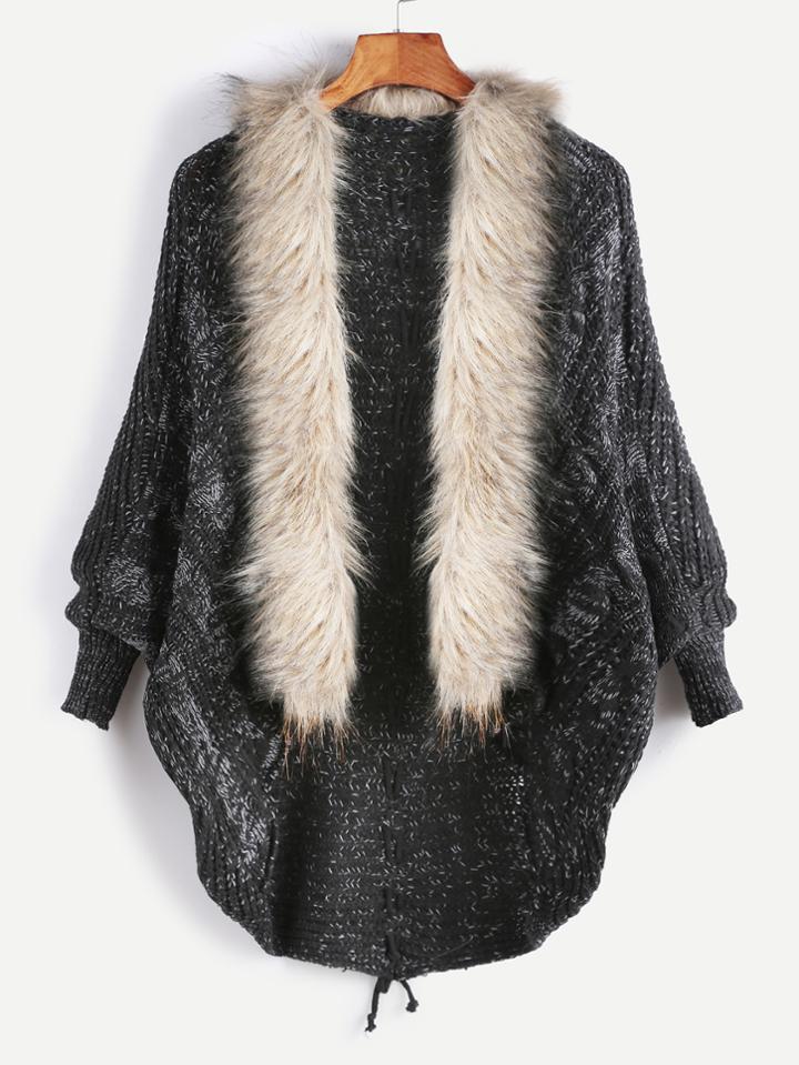 Romwe Black Faux Fur Collar Lace Up Back Sweater Coat