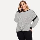 Romwe Plus Twist Front Striped Pullover