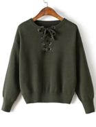 Romwe Army Green Eyelet Lace Up Drop Shoulder Sweater