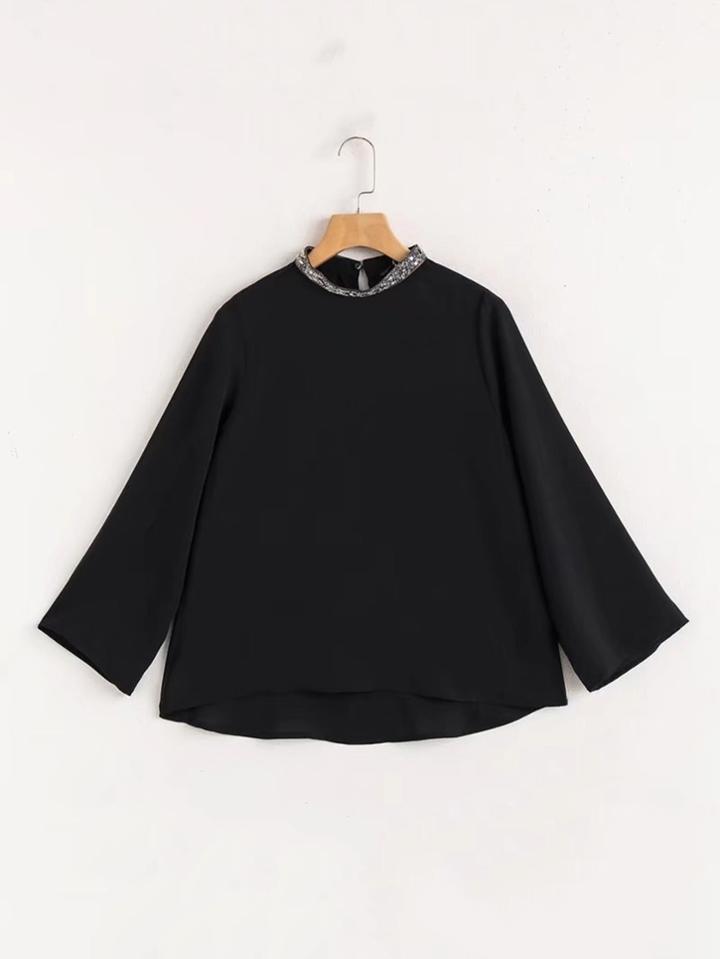 Romwe Contrast Beaded Collar Blouse