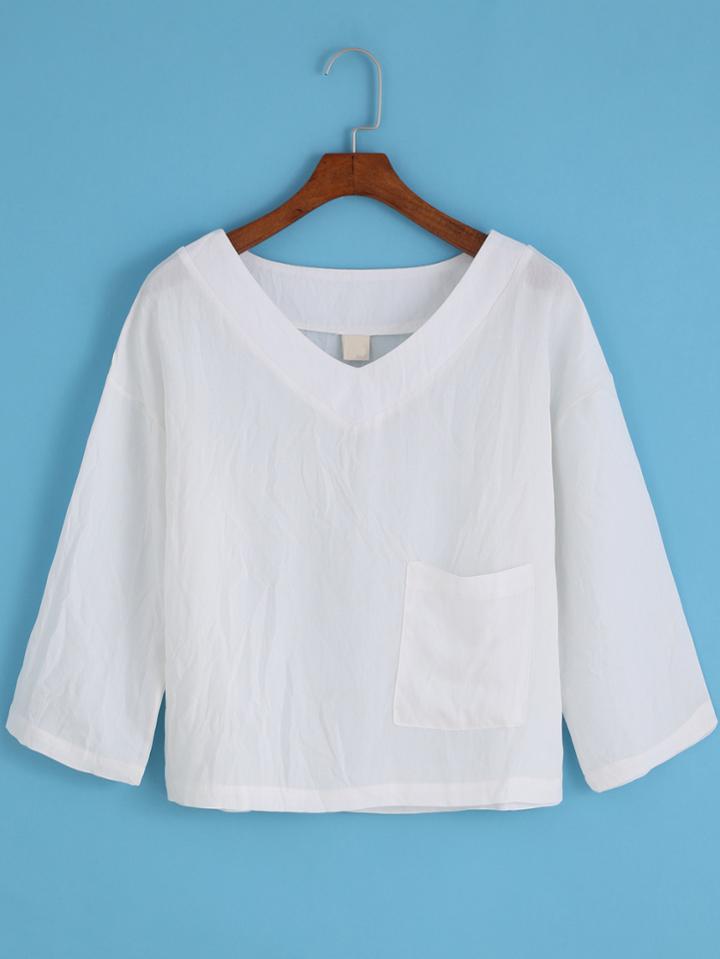 Romwe V Neck With Pocket White Top