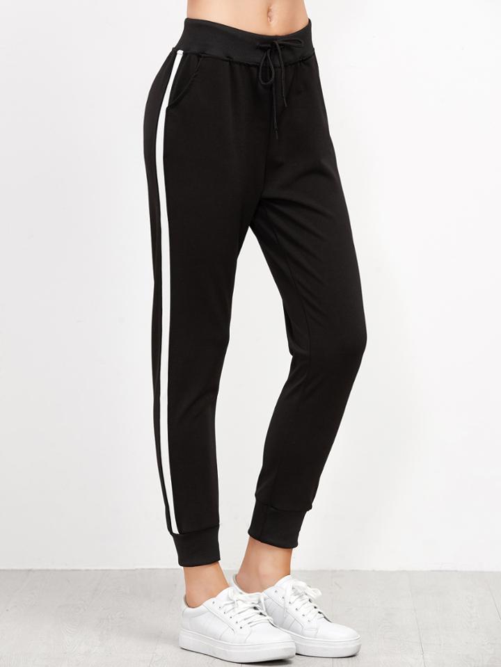 Romwe Black Striped Side Drawstring Pants