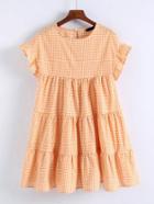 Romwe Ruffle Cuff Gingham Tiered Dress