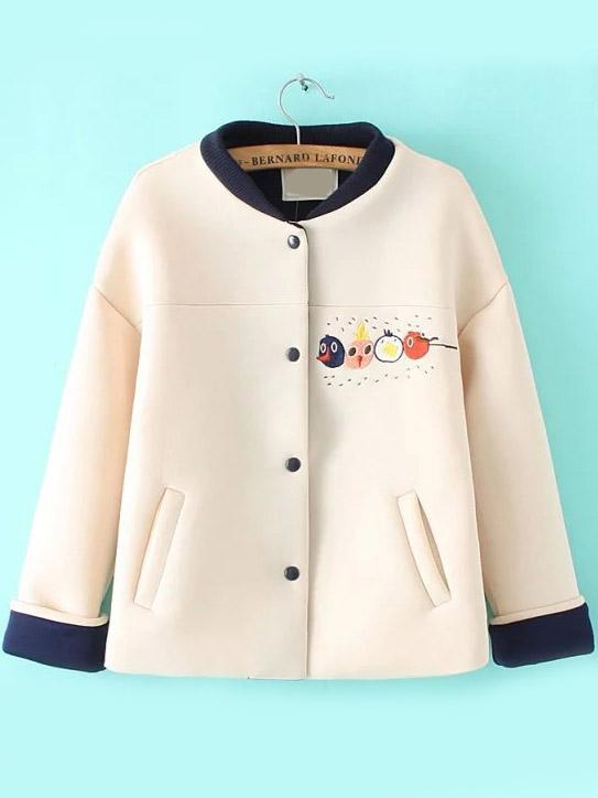 Romwe Cartoon Embroidered Apricot Coat