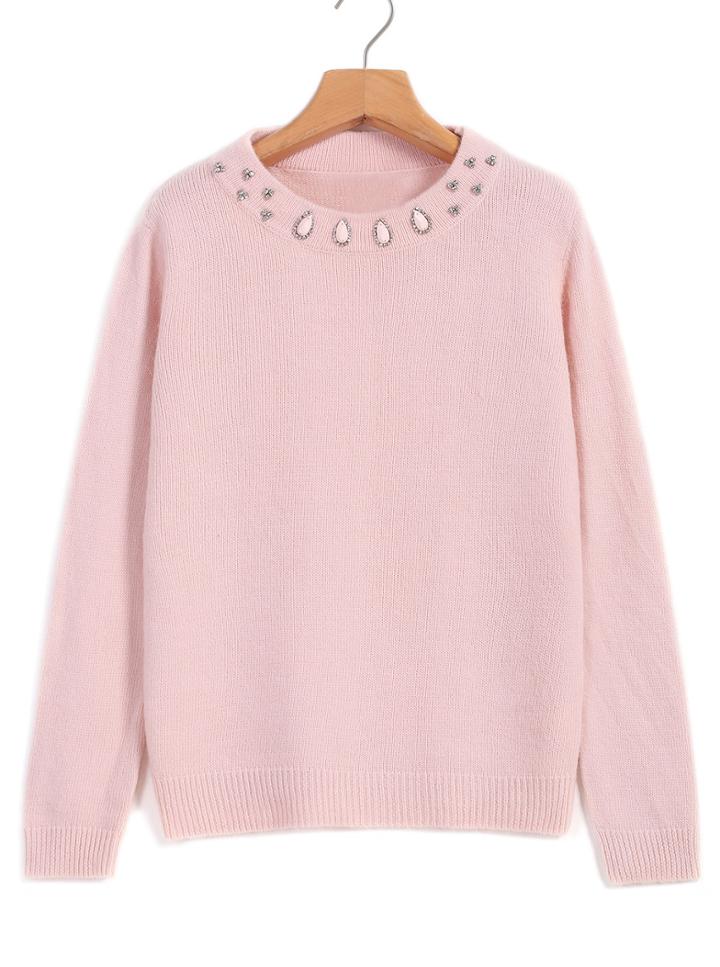 Romwe Bead Loose Knit Pink Sweater