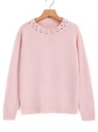 Romwe Bead Loose Knit Pink Sweater