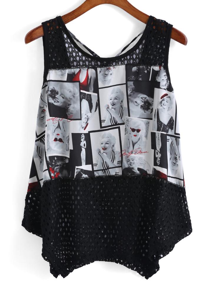Romwe Monroe Print Hollow Black Tank Top
