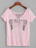 Romwe Pink Wing Print Cut Out Back T-shirt