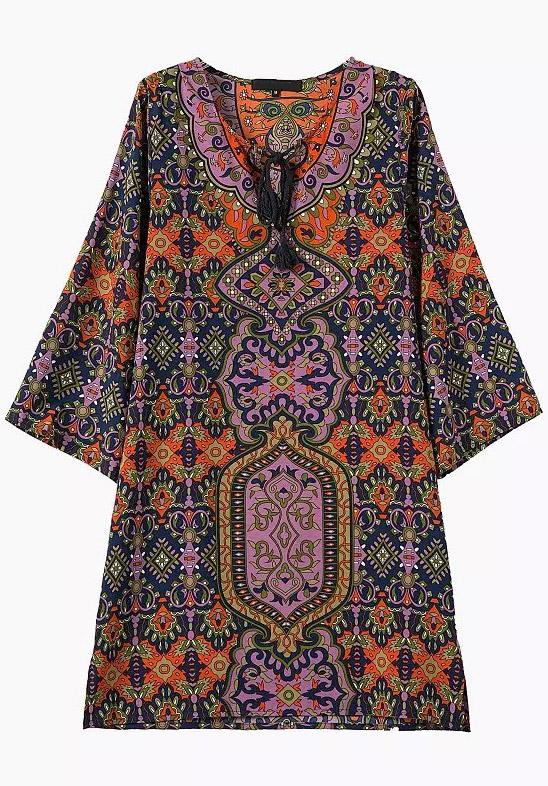 Romwe Multicolor Knotted Collar Tribal Print Loose Dress