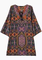 Romwe Multicolor Knotted Collar Tribal Print Loose Dress