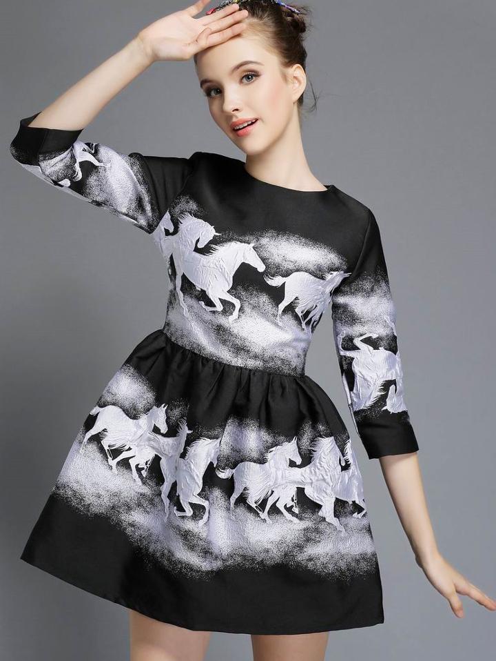Romwe 3/4 Sleeve Horse Print Doll Dress