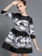 Romwe 3/4 Sleeve Horse Print Doll Dress
