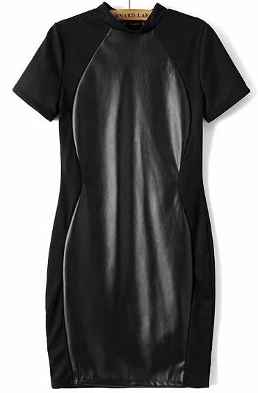 Romwe Black Contrast Pu Leather Bodycon Dress