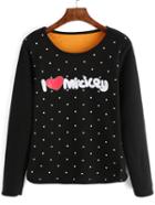 Romwe Polka Dot Letter Print Thicken Black T-shirt