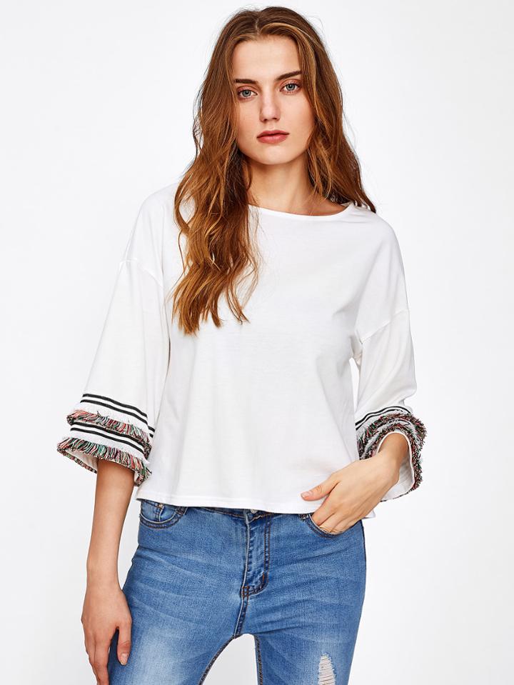 Romwe Fringe Lace Detail Bell Sleeve Top