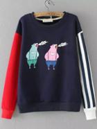 Romwe Bear Print Vertical Striped Color-block Sweatshirt