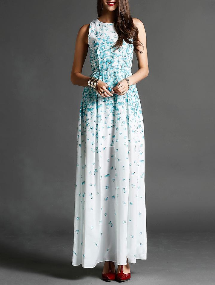 Romwe Blue Round Neck Sleeveless Floral Print Maxi Dress
