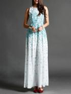 Romwe Blue Round Neck Sleeveless Floral Print Maxi Dress