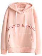 Romwe Pink Letter Embroidered Drawstring Hooded Sweatshirt