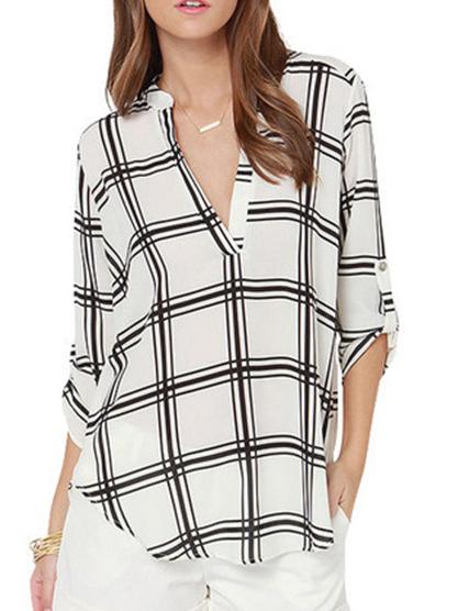 Romwe V Neck Plaid Chiffon Blouse