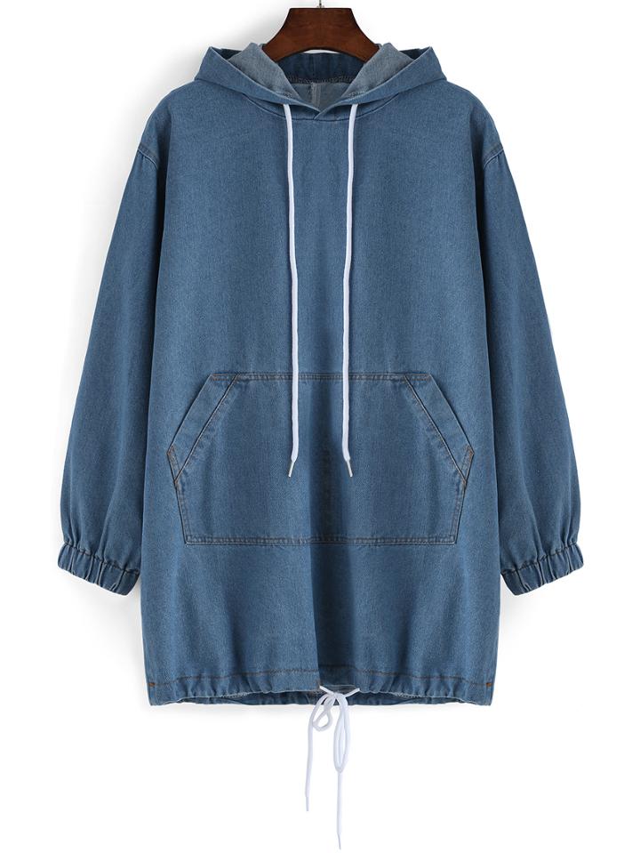 Romwe Hooded Drawstring Pocket Denim Sweatshirt Dress