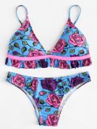 Romwe Ruffle Hem Triangle Floral Bikini Set