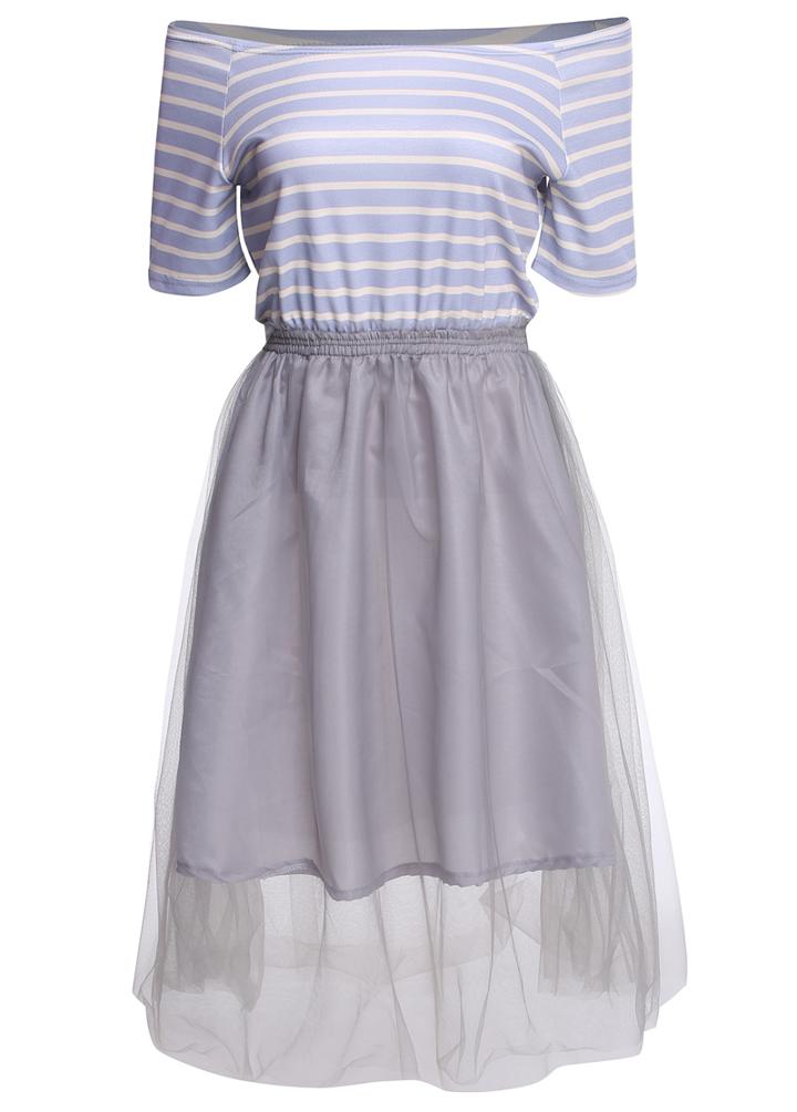 Romwe Off The Shoulder Striped Contrast Mesh Dress