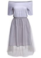 Romwe Off The Shoulder Striped Contrast Mesh Dress