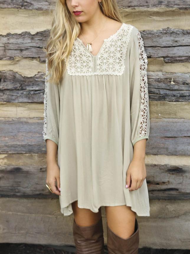 Romwe Khaki Flower Crochet Applique Tunic Dress