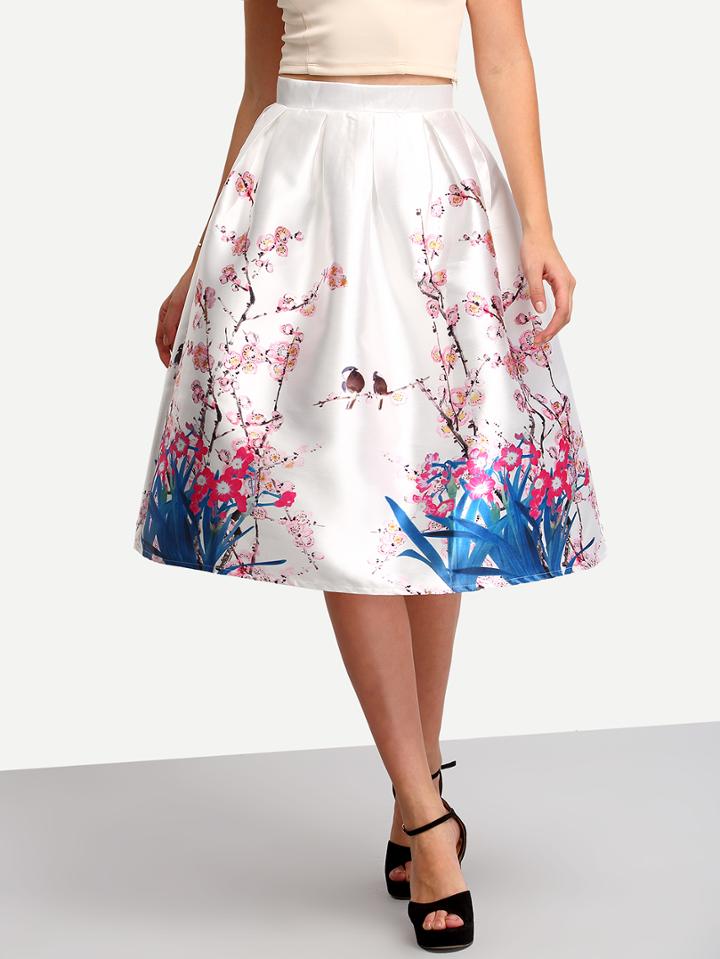 Romwe Floral High Waist A Line Skirt