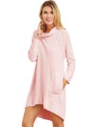 Romwe Pink Cowl Neck Long Sleeve High Low Dress