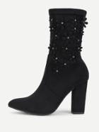 Romwe Flower Decorated Block Heeled Suede Boots