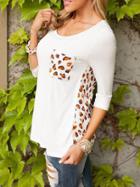 Romwe Round Neck Leopard Pocket T-shirt