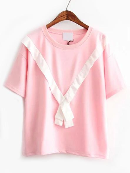 Romwe Contrast Tie Pink T-shirt
