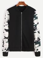Romwe Black Contrast Sleeve Camo Print Zipper Jacket