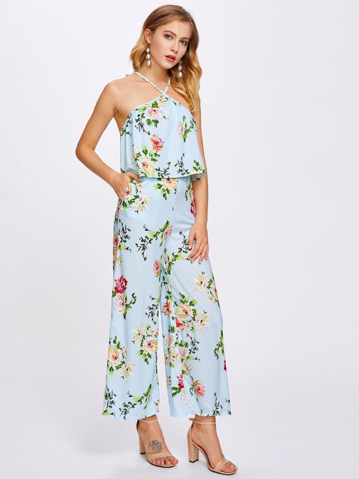 Romwe Floral Random Print Tiered Jumpsuit