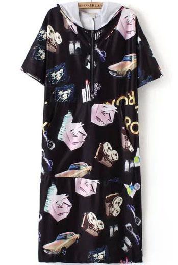 Romwe Hooded With Zipper Car Print Black Dress