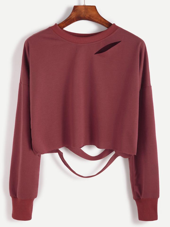 Romwe Brick Red Drop Shoulder Cut Out Crop T-shirt